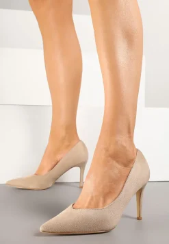 Beżowe Czółenka z Imitacji Zamszu na Obcasie ze Szpiczastym Noskiem Zalinne