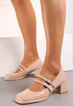 Beżowe Czółenka z Lakierowanej Ekoskóry na Słupku ze Sprzączkami Danida