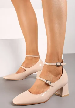 Beżowe Czółenka z Lakierowanej Imitacji Skóry na Słupku z Paskami Zapinane na Sprzączki Uravia
