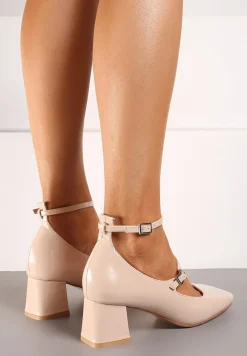 Beżowe Czółenka z Lakierowanej Imitacji Skóry na Słupku z Paskami Zapinane na Sprzączki Uravia