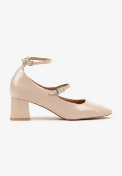 Beżowe Czółenka z Lakierowanej Imitacji Skóry na Słupku z Paskami Zapinane na Sprzączki Uravia