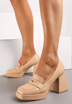 Beżowe Czółenka z Noskiem w Kwadrat na Słupku i Platformie z Ozdobnym Wycięciem Drizona