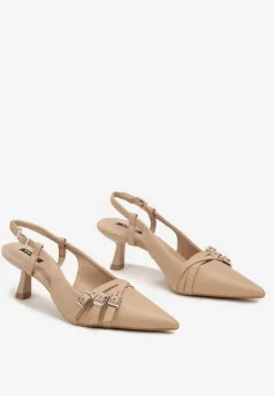 Beżowe Czółenka z Noskiem w Szpic na Obcasie Kaczuszce z Dekoracyjnymi Klamrami Sinitte