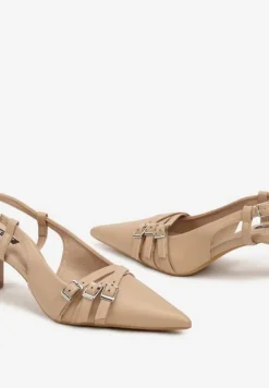Beżowe Czółenka z Noskiem w Szpic na Obcasie Kaczuszce z Dekoracyjnymi Klamrami Sinitte