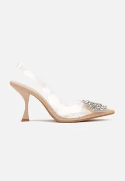 Beżowe Czółenka z Odkrytą Piętą i Transparentną Cholewką oraz Cyrkoniami Navieria