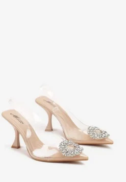 Beżowe Czółenka z Odkrytą Piętą i Transparentną Cholewką oraz Cyrkoniami Navieria