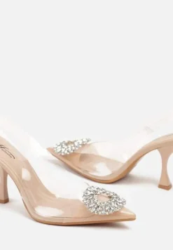 Beżowe Czółenka z Odkrytą Piętą i Transparentną Cholewką oraz Cyrkoniami Navieria