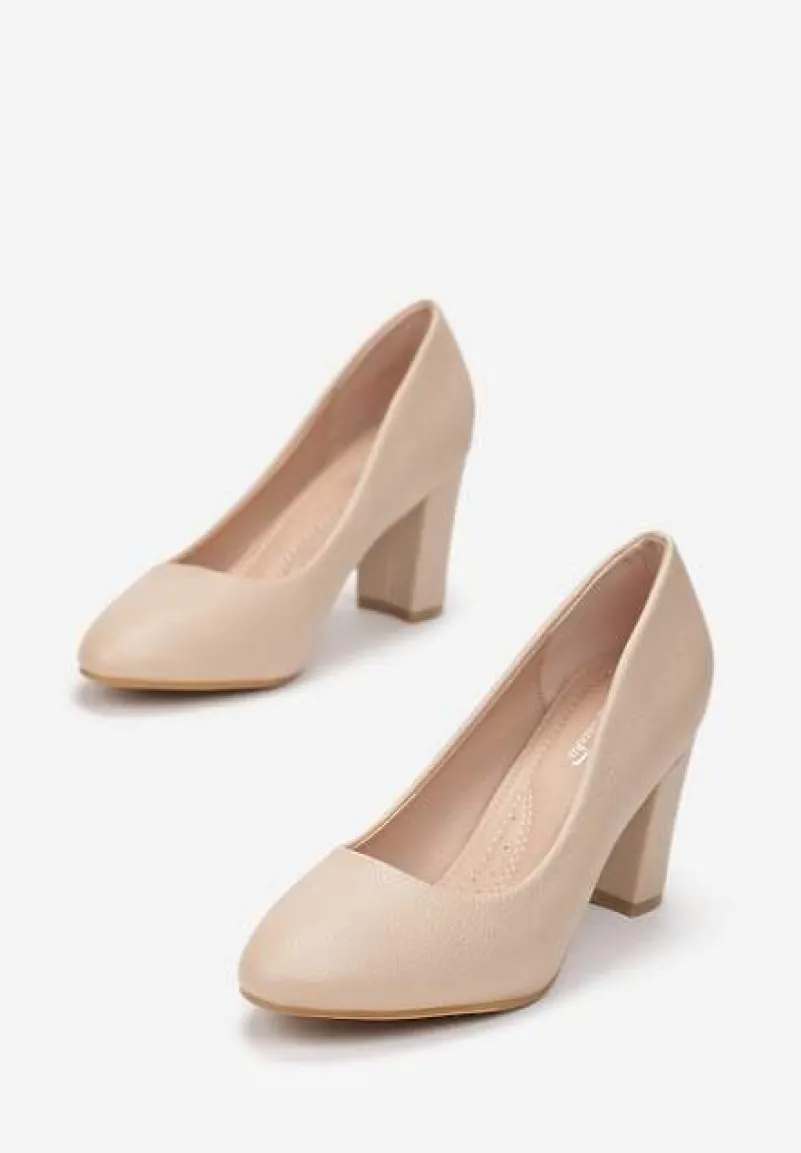 Beżowe Czółenka z Okrągłym Noskiem na Słupku z Imitacji Skóry Wilnia