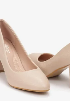 Beżowe Czółenka z Okrągłym Noskiem na Słupku z Imitacji Skóry Wilnia