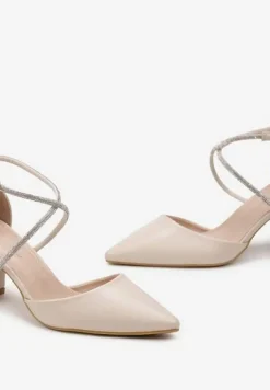 Beżowe Czółenka z Paseczkami z Cyrkoniami na Niewysokim Słupku Rianlle