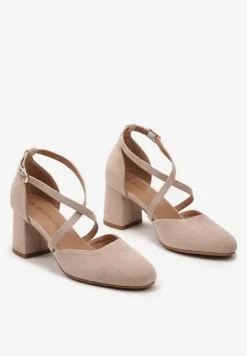 Beżowe Czółenka ze Skórzaną Wkładką na Słupku ze Sprzączką i Paseczkami Shaedra