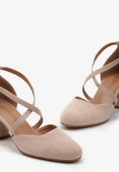 Beżowe Czółenka ze Skórzaną Wkładką na Słupku ze Sprzączką i Paseczkami Shaedra