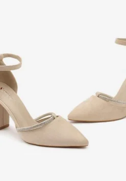 Beżowe Czółenka ze Sprzączką wokół Kostki na Słupku z Ekozamszu Nelirase