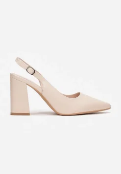 Beżowe Czółenka ze Szpiczastym Noskiem na Słupku i Odkrytą Piętą Dalanie