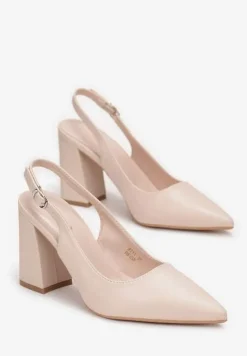 Beżowe Czółenka ze Szpiczastym Noskiem na Słupku i Odkrytą Piętą Dalanie