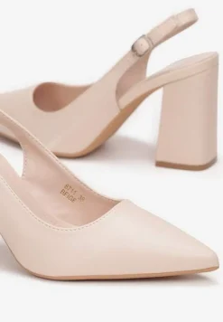 Beżowe Czółenka ze Szpiczastym Noskiem na Słupku i Odkrytą Piętą Dalanie