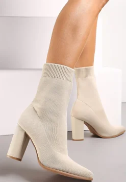 Beżowe Dopasowane Botki na Słupku ze Skarpetkową Cholewką Elarana