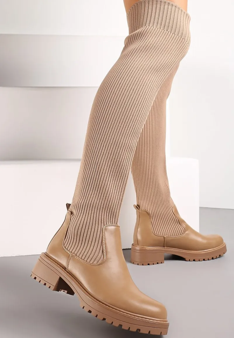 Beżowe Dopasowane Kozaki ze Skarpetkową Cholewką za Kolano Calada
