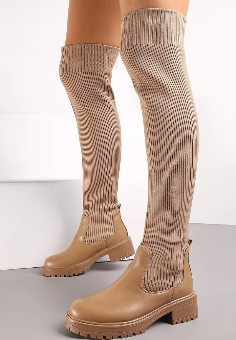 Beżowe Dopasowane Kozaki ze Skarpetkową Cholewką za Kolano Calada