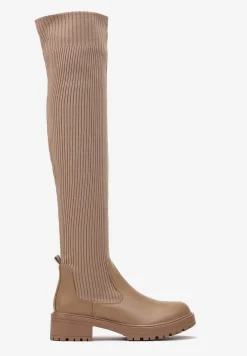 Beżowe Dopasowane Kozaki ze Skarpetkową Cholewką za Kolano Calada