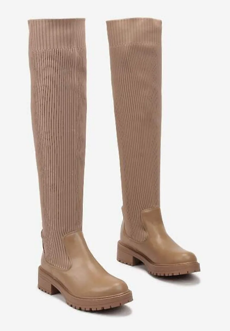 Beżowe Dopasowane Kozaki ze Skarpetkową Cholewką za Kolano Calada