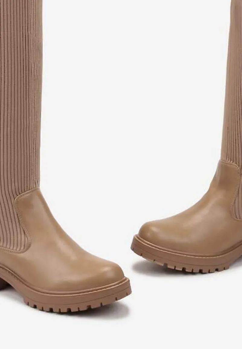 Beżowe Dopasowane Kozaki ze Skarpetkową Cholewką za Kolano Calada