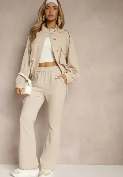 Beżowe Dresowe Spodnie Flare z Gumką w Pasie Efranaria