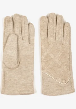Beżowe Dzianinowe Rękawiczki Eleganckie z Ozdobnym Guzikiem Senindra