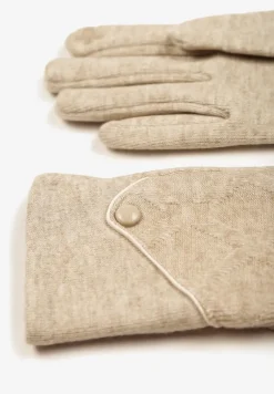 Beżowe Dzianinowe Rękawiczki Eleganckie z Ozdobnym Guzikiem Senindra