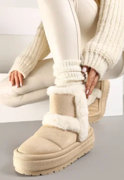 Beżowe Ekozamszowe Śniegowce na Platformie z Futrzanymi Wstawkami Mazini