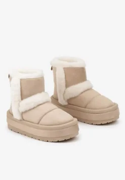 Beżowe Ekozamszowe Śniegowce na Platformie z Futrzanymi Wstawkami Mazini