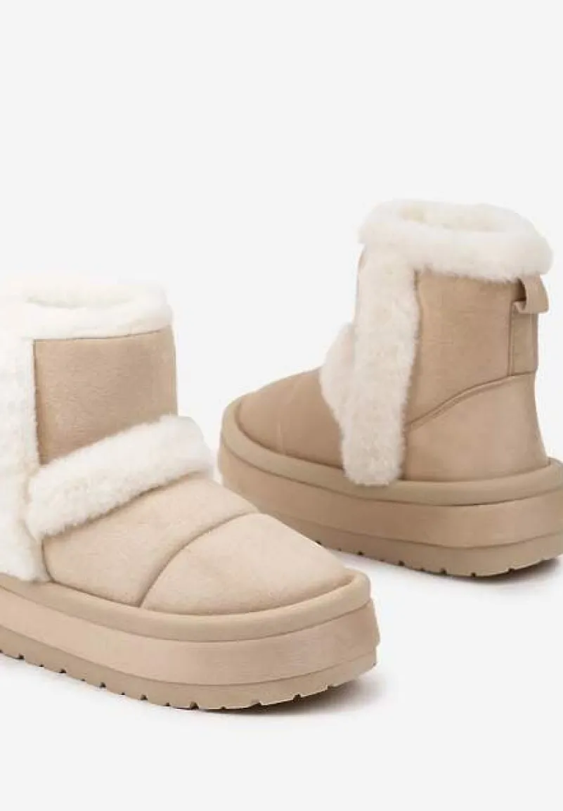 Beżowe Ekozamszowe Śniegowce na Platformie z Futrzanymi Wstawkami Mazini