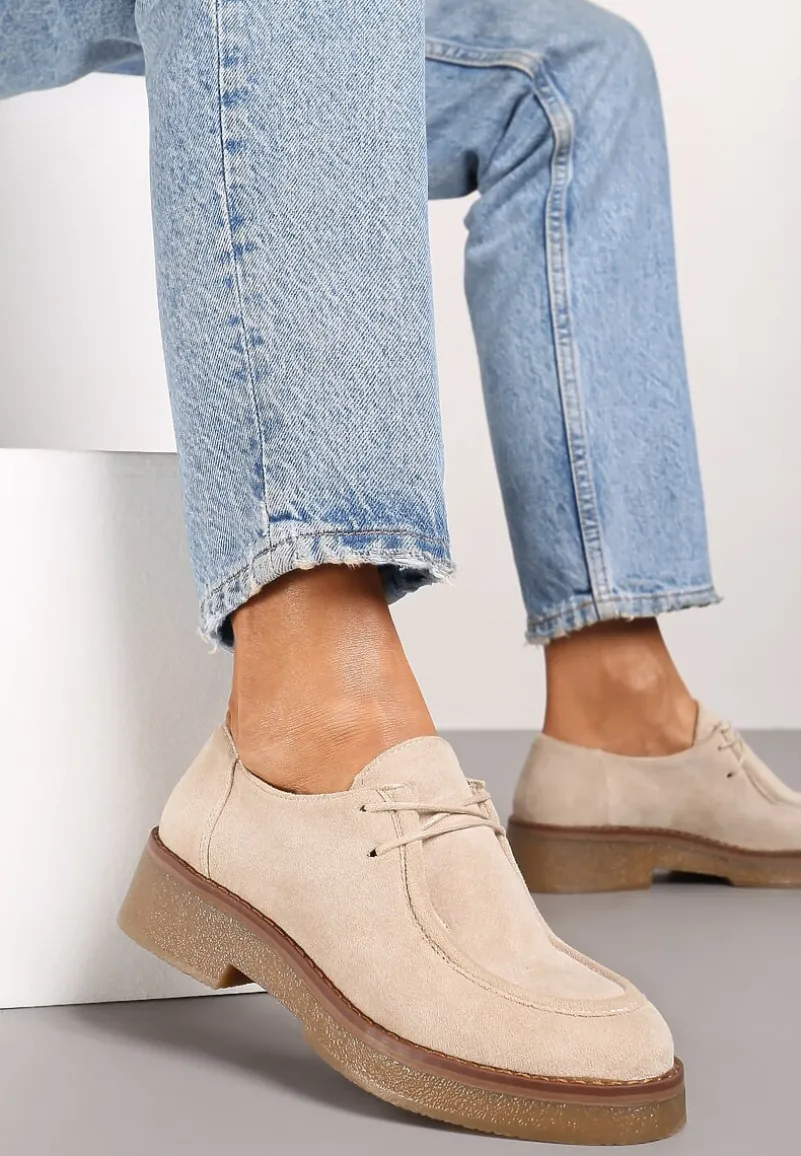 Beżowe Ekozamszowe Półbuty Sznurowane na Płaskiej Podeszwie Inalith