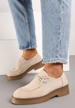 Beżowe Ekozamszowe Półbuty Sznurowane na Płaskiej Podeszwie Inalith