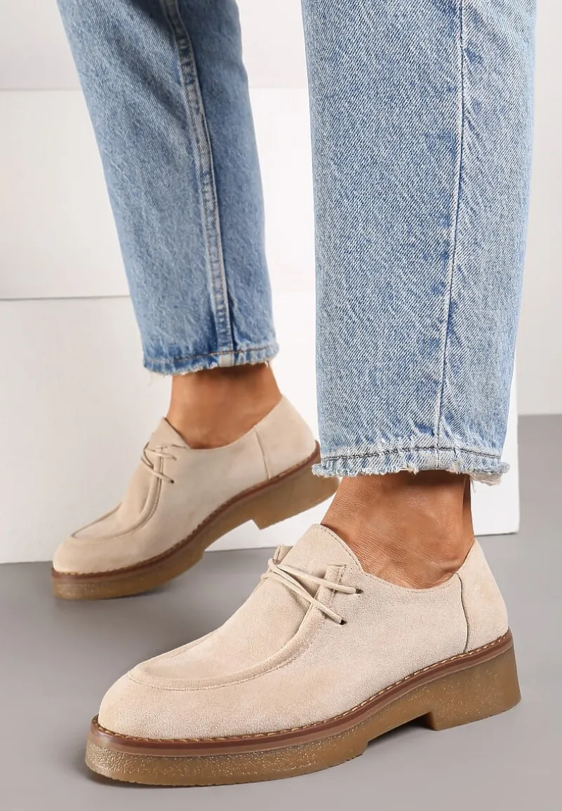 Beżowe Ekozamszowe Półbuty Sznurowane na Płaskiej Podeszwie Inalith