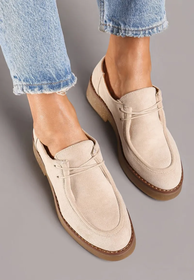 Beżowe Ekozamszowe Półbuty Sznurowane na Płaskiej Podeszwie Inalith