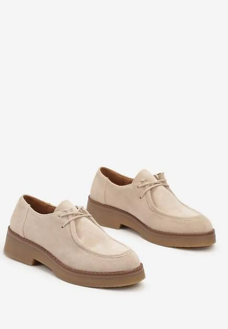 Beżowe Ekozamszowe Półbuty Sznurowane na Płaskiej Podeszwie Inalith