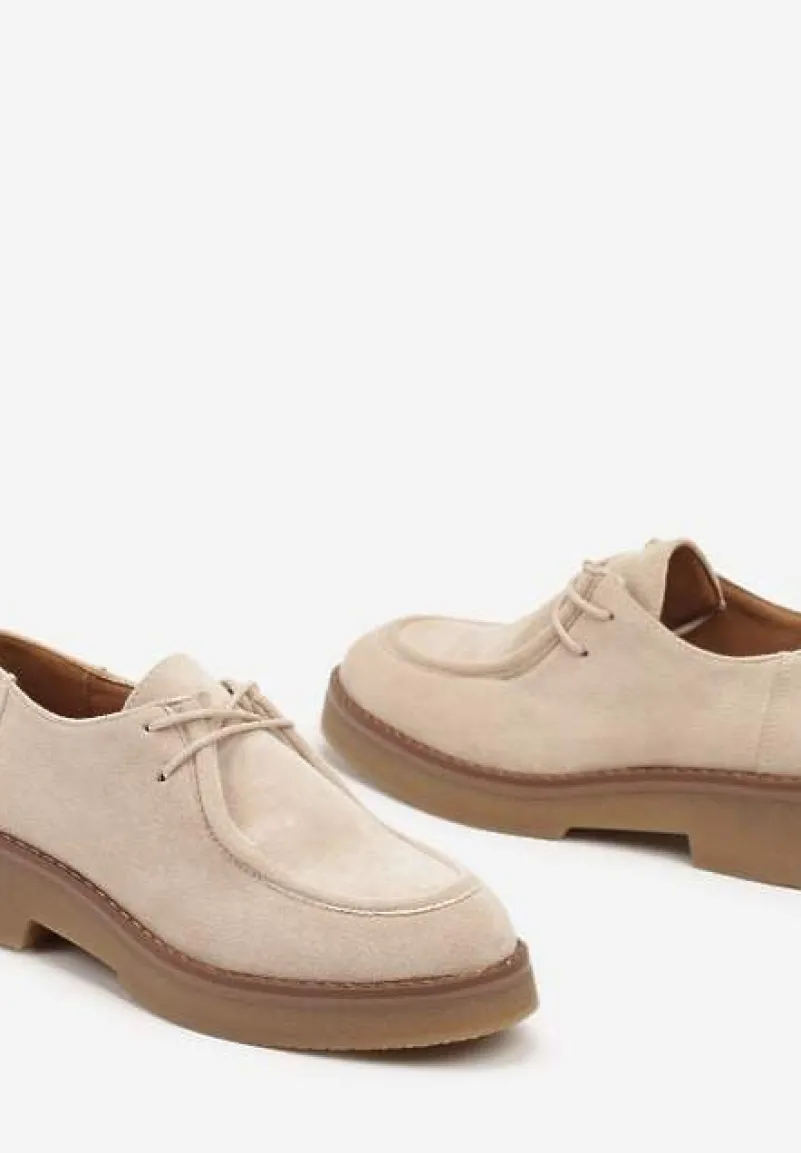 Beżowe Ekozamszowe Półbuty Sznurowane na Płaskiej Podeszwie Inalith