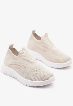 Beżowe Elastyczne Buty Sportowe Ozdobione Tłoczeniem Cleandra