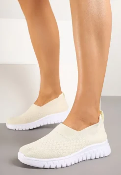 Beżowe Elastyczne Buty Sportowe na Tłoczonej Platformie Basinea