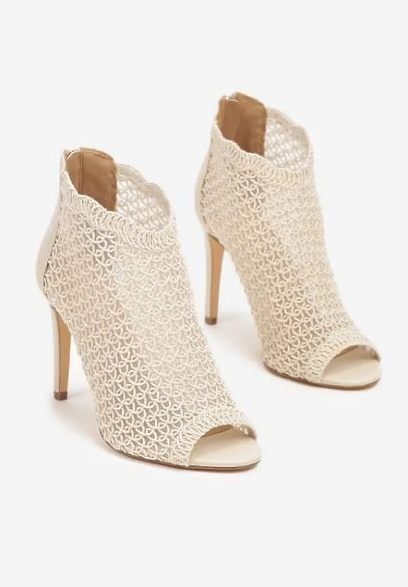 Beżowe Eleganckie Ażurowe Sandały Vices na Szpilce Nelithin