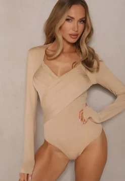Beżowe Eleganckie Body Longsleeve z Ozdobnym Marszczeniem Zimanya