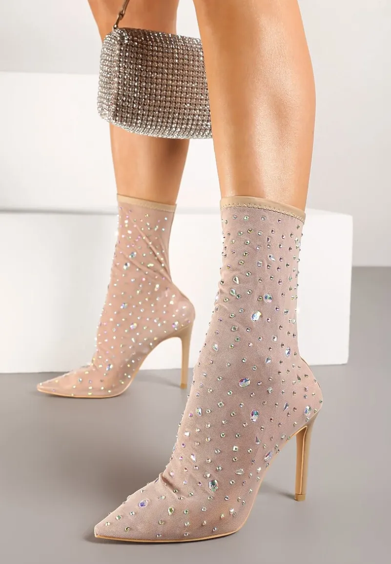Beżowe Eleganckie Botki na Szpilce z Transparentną Cholewką i Cyrkoniami Felimora