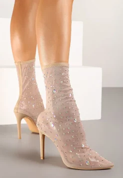 Beżowe Eleganckie Botki na Szpilce z Transparentną Cholewką i Cyrkoniami Felimora