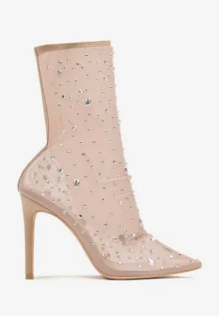Beżowe Eleganckie Botki na Szpilce z Transparentną Cholewką i Cyrkoniami Felimora