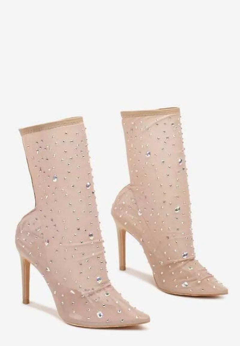 Beżowe Eleganckie Botki na Szpilce z Transparentną Cholewką i Cyrkoniami Felimora