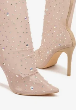Beżowe Eleganckie Botki na Szpilce z Transparentną Cholewką i Cyrkoniami Felimora