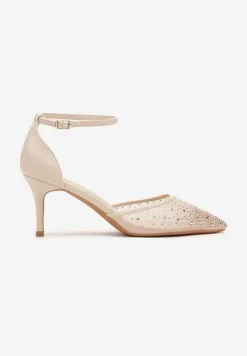 Beżowe Eleganckie Czółenka na Szpilce z Cyrkoniami i Paskiem przy Kostce Seriela