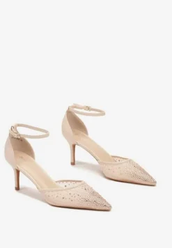 Beżowe Eleganckie Czółenka na Szpilce z Cyrkoniami i Paskiem przy Kostce Seriela