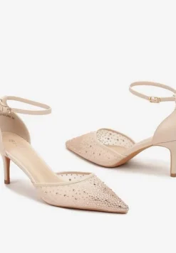 Beżowe Eleganckie Czółenka na Szpilce z Cyrkoniami i Paskiem przy Kostce Seriela